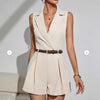 Women's Sleeveless Polyester Belted Office Blazer for Spring Work Office in Black