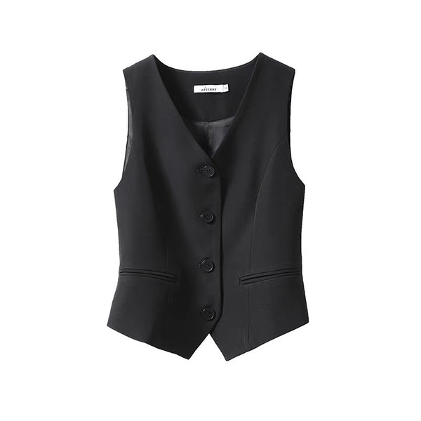 Women's Slim Fit Single Breasted Polyester Solid Color V Neck Halter Vest with Pocket for Spring Layering in Black
