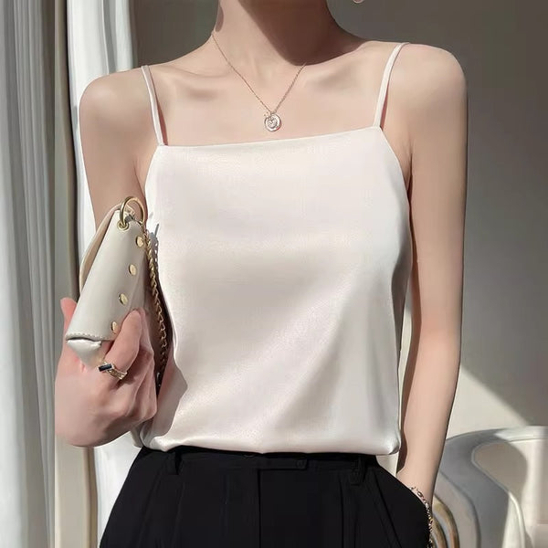 Women's Loose Fit Acetate Solid Color Ice Cream Color Vest Sleeveless for Spring Sophisticated Style