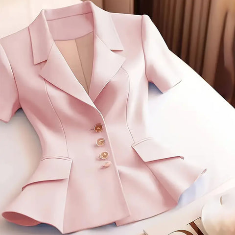Women's Slim Fit Single Breasted Polyester Solid Color Suit Collar Three Quarter Sleeve Elegant Blazer with Buttons for Spring Work in Pink