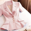 Women's Slim Fit Single Breasted Polyester Solid Color Suit Collar Three Quarter Sleeve Elegant Blazer with Buttons for Spring Work in Pink