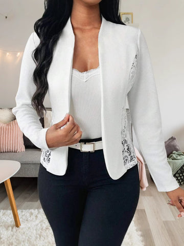 Women's Slim Fit Elegant Lace Solid Color Cardigan with No Collar for Spring in White Burgundy Blue