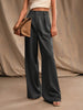 Women's Casual High Waist Straight Leg Polyester Pants with Pockets Loose Wide Leg Long Trousers for Summer Commute in Black