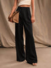 Women's Casual High Waist Straight Leg Polyester Pants with Pockets Loose Wide Leg Long Trousers for Summer Commute in Black