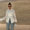 Women's Slim Fit Polyester Solid Color Suit Collar Long Sleeve Single Row and Multiple Buckles Blazer with Waist Tie for Spring in Brown