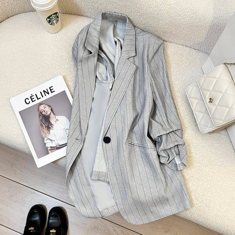 Women's Loose Fit Polyester Suit Collar One Button Blazer with Three-Quarter Sleeves and Pockets for Office Summer in Grey