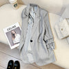 Women's Loose Fit Polyester Suit Collar One Button Blazer with Three-Quarter Sleeves and Pockets for Office Summer in Grey