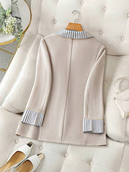 Women's Loose Fit Polyester Solid Color Lapel Long Sleeve One Button Elegant Jacket with Stripes for Spring in Khaki Champagne