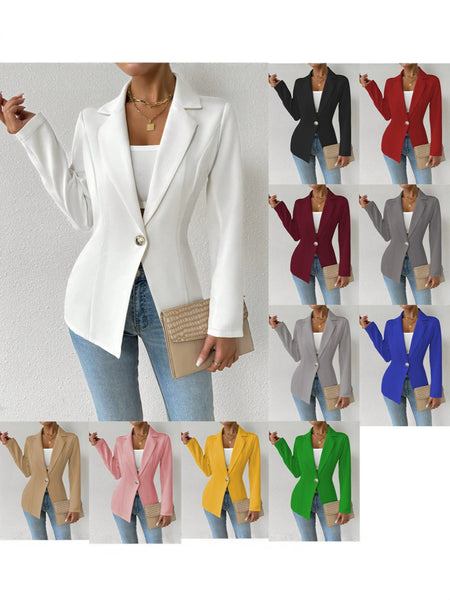 Women's Slim Fit One Button Cotton Blend Solid Color Lapel Long Sleeve Elegant Blazer for Spring in White Black Red Burgundy