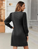 Women's Ribbed Dress, Round Neck, Long Puff Sleeves and Relaxed Skirt