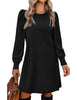 Women's Ribbed Dress, Round Neck, Long Puff Sleeves and Relaxed Skirt