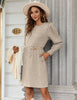 Women's Ribbed Dress, Round Neck, Long Puff Sleeves and Relaxed Skirt