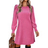 Women's Ribbed Dress, Round Neck, Long Puff Sleeves and Relaxed Skirt