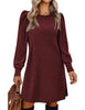 Women's Ribbed Dress, Round Neck, Long Puff Sleeves and Relaxed Skirt