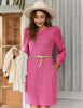 Women's Ribbed Dress, Round Neck, Long Puff Sleeves and Relaxed Skirt