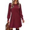 Women's Ribbed Dress, Round Neck, Long Puff Sleeves and Relaxed Skirt