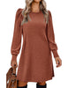 Women's Ribbed Dress, Round Neck, Long Puff Sleeves and Relaxed Skirt