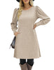 Women's Ribbed Dress, Round Neck, Long Puff Sleeves and Relaxed Skirt