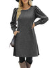 Women's Ribbed Dress, Round Neck, Long Puff Sleeves and Relaxed Skirt