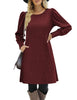 Women's Ribbed Dress, Round Neck, Long Puff Sleeves and Relaxed Skirt