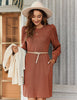 Women's Ribbed Dress, Round Neck, Long Puff Sleeves and Relaxed Skirt