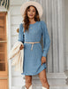 Women's Ribbed Dress, Round Neck, Long Puff Sleeves and Relaxed Skirt