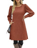 Women's Ribbed Dress, Round Neck, Long Puff Sleeves and Relaxed Skirt