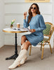 Women's Ribbed Dress, Round Neck, Long Puff Sleeves and Relaxed Skirt