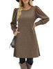 Women's Ribbed Dress, Round Neck, Long Puff Sleeves and Relaxed Skirt