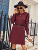 Women's Ribbed Dress, Round Neck, Long Puff Sleeves and Relaxed Skirt