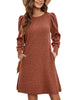 Women's Ribbed Dress, Round Neck, Long Puff Sleeves and Relaxed Skirt