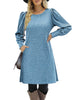 Women's Ribbed Dress, Round Neck, Long Puff Sleeves and Relaxed Skirt
