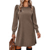Women's Ribbed Dress, Round Neck, Long Puff Sleeves and Relaxed Skirt