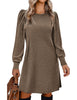 Women's Ribbed Dress, Round Neck, Long Puff Sleeves and Relaxed Skirt