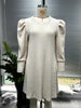 Women's Ribbed Dress, Round Neck, Long Puff Sleeves and Relaxed Skirt
