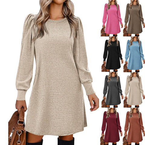 Women's Ribbed Dress, Round Neck, Long Puff Sleeves and Relaxed Skirt