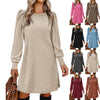 Women's Ribbed Dress, Round Neck, Long Puff Sleeves and Relaxed Skirt
