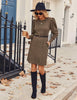 Women's Ribbed Dress, Round Neck, Long Puff Sleeves and Relaxed Skirt