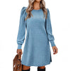 Women's Ribbed Dress, Round Neck, Long Puff Sleeves and Relaxed Skirt