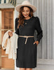 Women's Ribbed Dress, Round Neck, Long Puff Sleeves and Relaxed Skirt