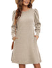 Women's Ribbed Dress, Round Neck, Long Puff Sleeves and Relaxed Skirt