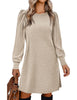 Women's Ribbed Dress, Round Neck, Long Puff Sleeves and Relaxed Skirt