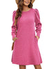 Women's Ribbed Dress, Round Neck, Long Puff Sleeves and Relaxed Skirt