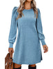 Women's Ribbed Dress, Round Neck, Long Puff Sleeves and Relaxed Skirt
