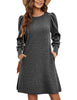 Women's Ribbed Dress, Round Neck, Long Puff Sleeves and Relaxed Skirt