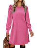 Women's Ribbed Dress, Round Neck, Long Puff Sleeves and Relaxed Skirt
