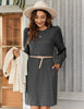 Women's Ribbed Dress, Round Neck, Long Puff Sleeves and Relaxed Skirt
