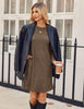 Women's Ribbed Dress, Round Neck, Long Puff Sleeves and Relaxed Skirt