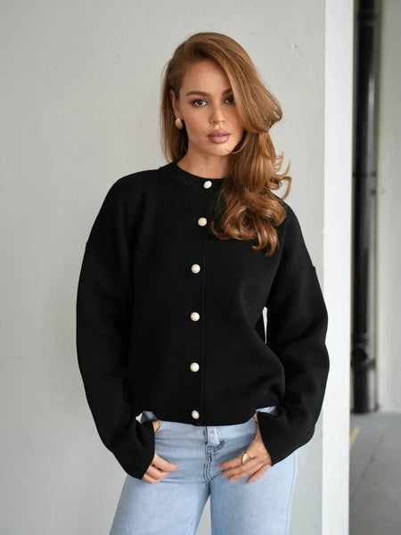 Women's Routine Fit Solid Color Round Neck Long Sleeve Single Breasted Polyester Button Cardigan for Winter in Apricot Black Blue