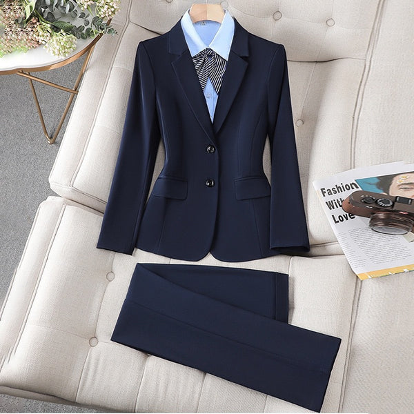 Women's Long Sleeve Double Breasted Polyester Suit Set for Office Interviews and Formal Business in Black for Spring